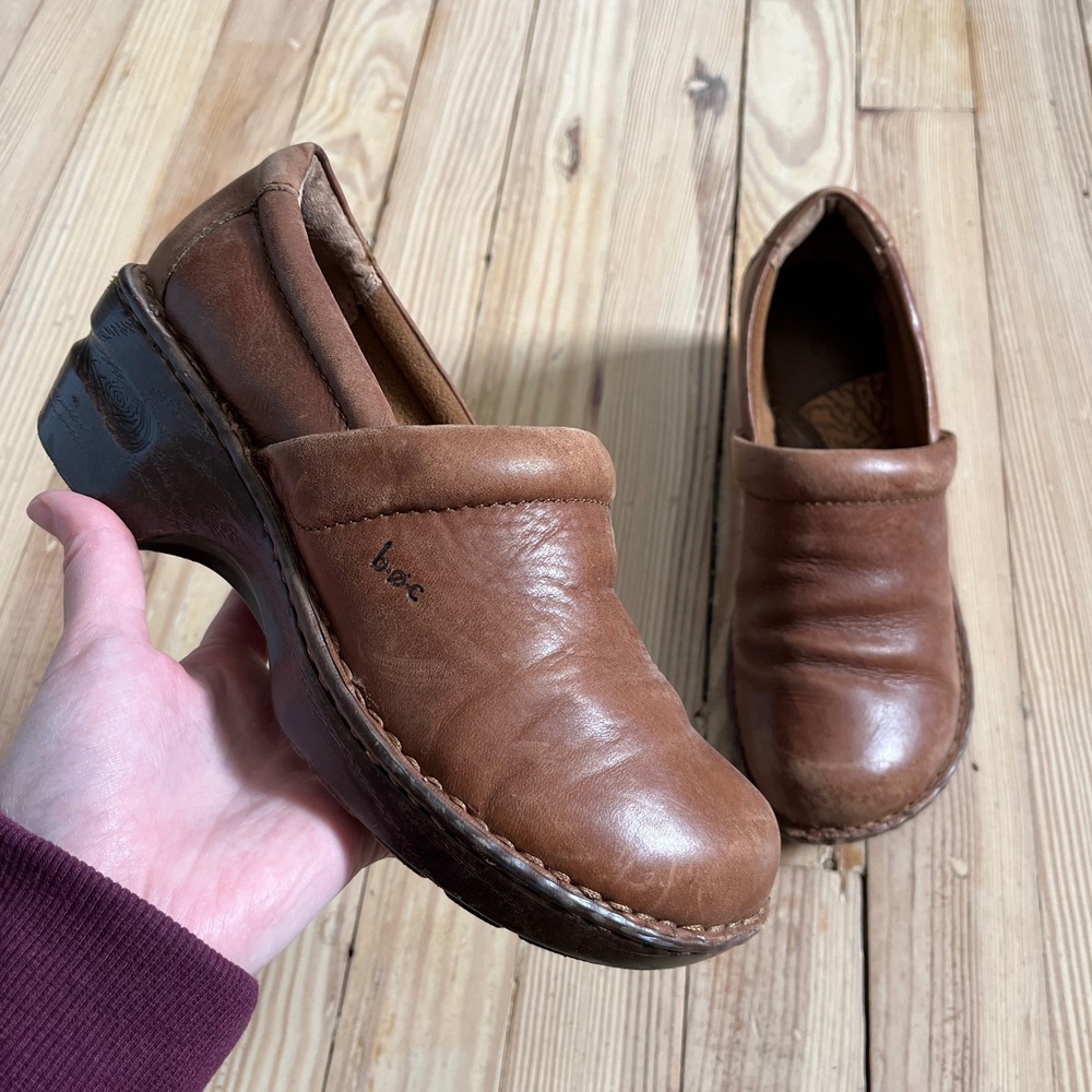 b.o.c. Born Concept Brown genuine Leather Clogs‎ Wedge Slip On Shoes Womens 7.5